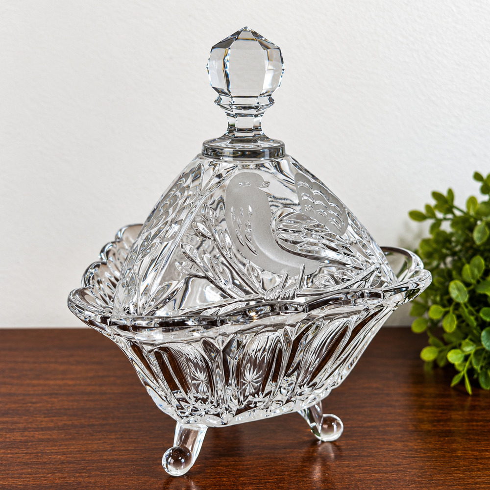 Vintage Cut Crystal Covered Candy Dish Etched Bird 3 Footed Faceted Finial